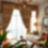 A picturesque living room adorned with American style curtains showcasing intricate patterns.