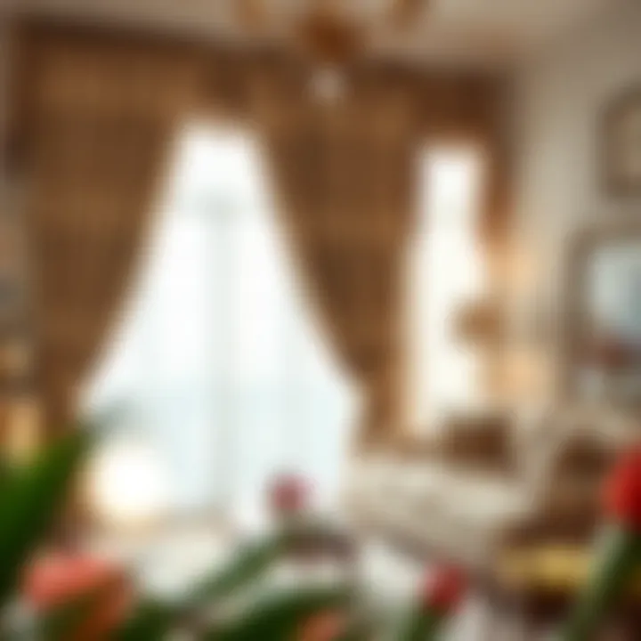 A picturesque living room adorned with American style curtains showcasing intricate patterns.