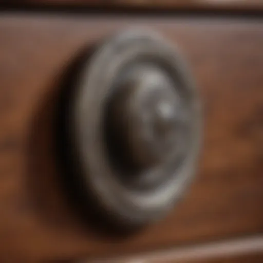 Intricate design of an antique single hole drawer pull highlighting craftsmanship