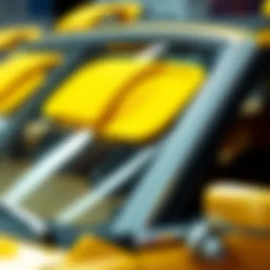 An assortment of stylish yellow sun visors on display