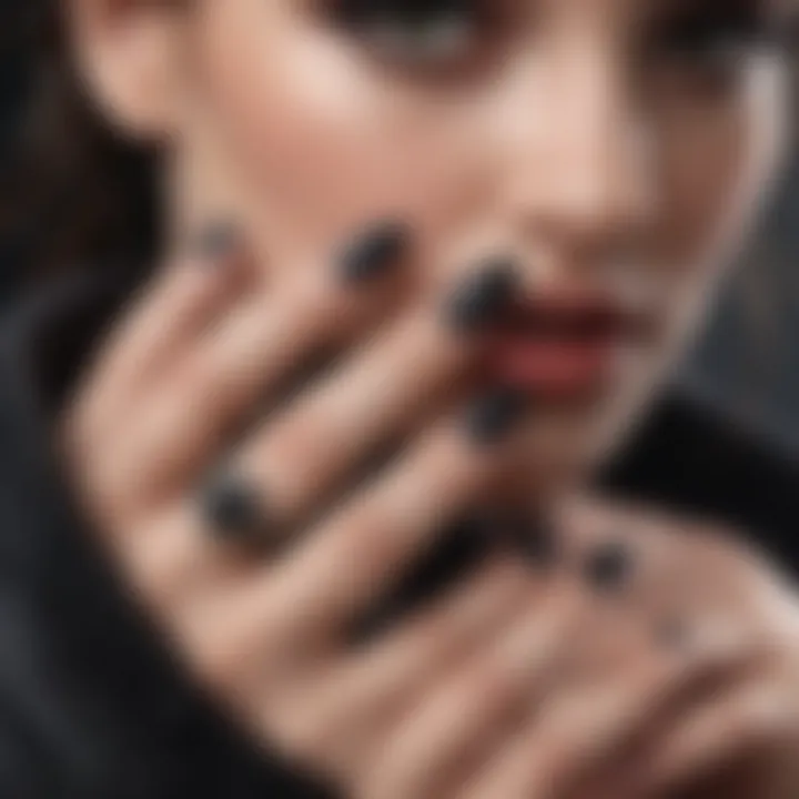 Close-up of high-quality black press on nails showcasing texture