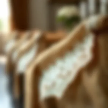 Close-up of lace detailing on burlap fabric