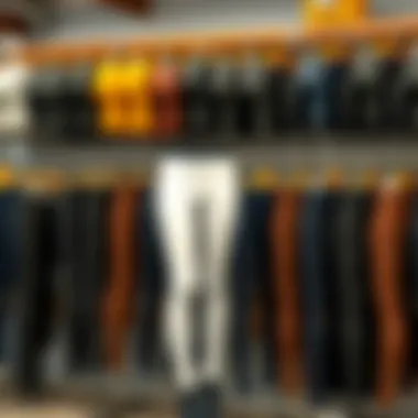 Different styles of silicone grip breeches displayed on racks