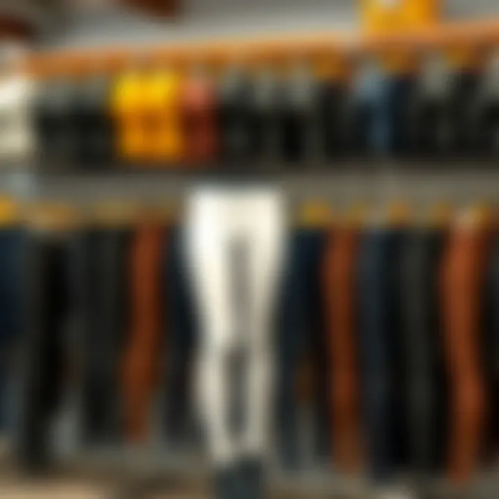 Different styles of silicone grip breeches displayed on racks