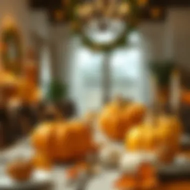 A festive autumn scene featuring artificial pumpkins on a stylish table setting