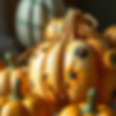 Close-up of an intricately designed artificial pumpkin with unique textures and patterns