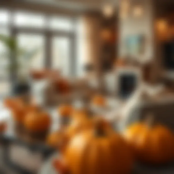 Modern living space adorned with artificial pumpkins as decorative accents