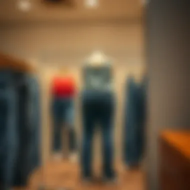 A fitting room with plus size jeans on display for fitting