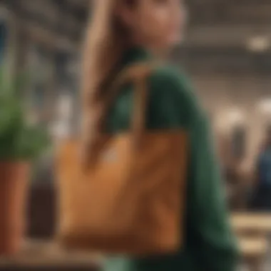 An environmentally conscious individual carrying a corduroy tote bag, symbolizing sustainability