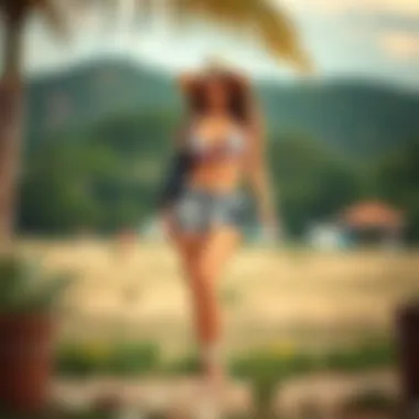 Fashionable styling of cow print booty shorts in an outdoor setting