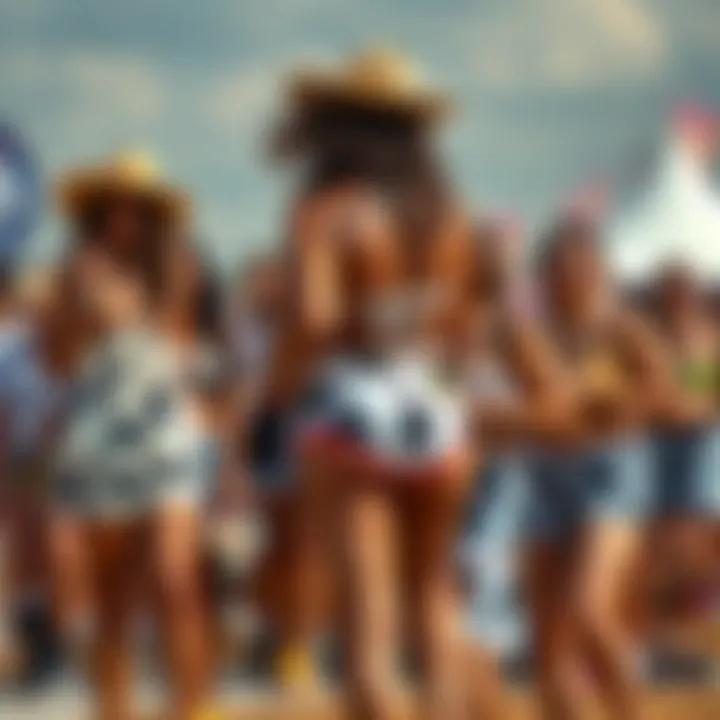 Diverse group of individuals wearing cow print booty shorts at a festival