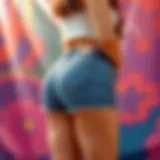 Stylish curvy high rise denim shorts on a vibrant backdrop