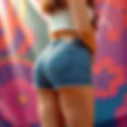 Stylish curvy high rise denim shorts on a vibrant backdrop