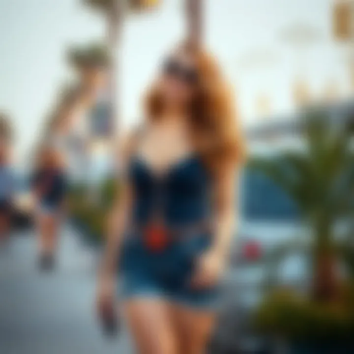 Elegant styling of curvy high rise denim shorts paired with chic accessories