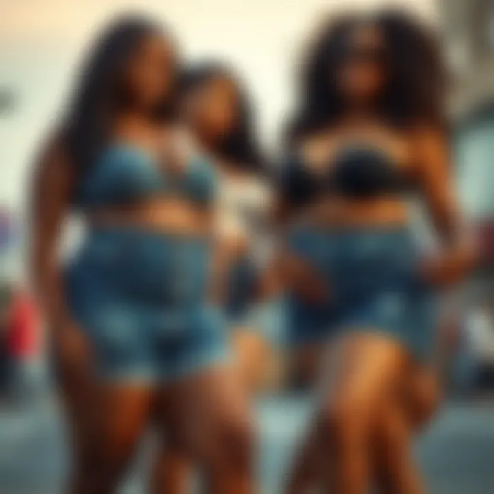 Diverse range of body types wearing curvy high rise denim shorts