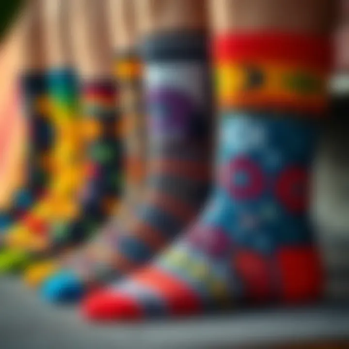 Colorful finished socks displaying intricate designs