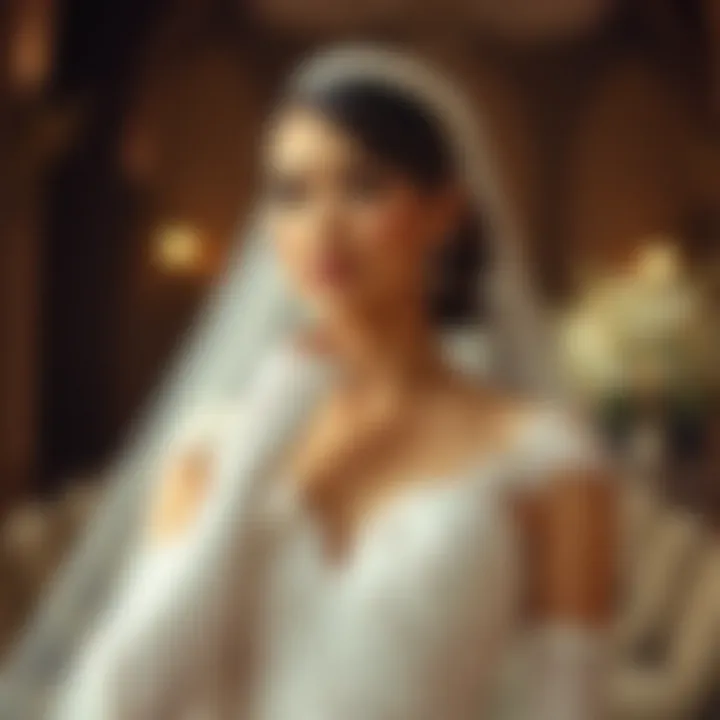 Bridal model showcasing elbow length gloves with a wedding gown