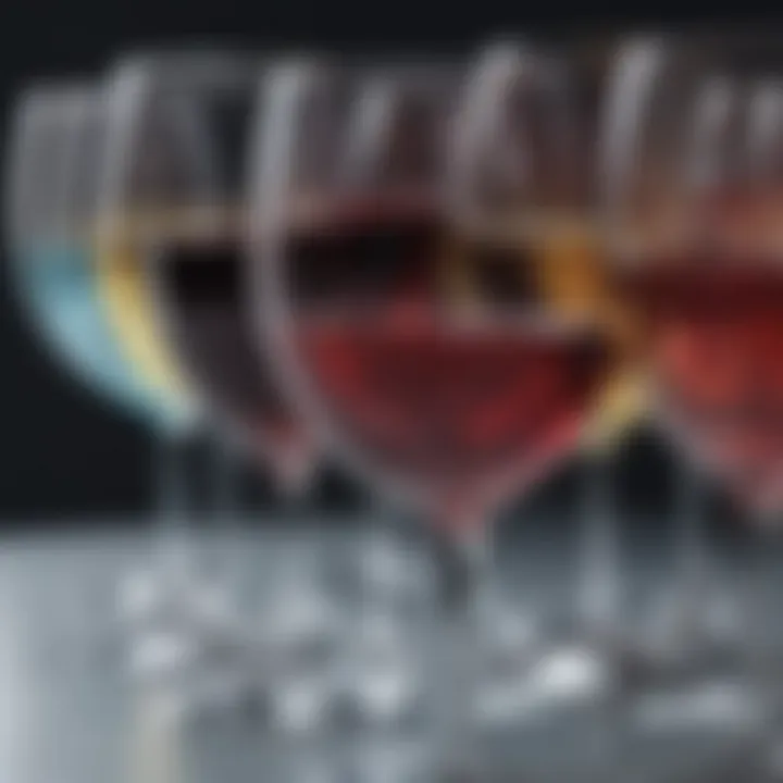 Close-up of a colorful assortment of plastic stem wine glasses