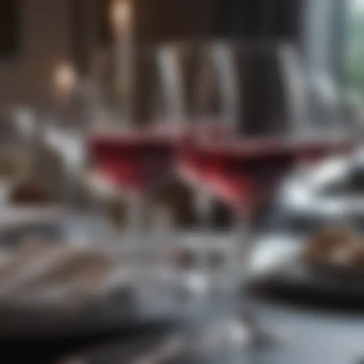 Plastic stem wine glasses set elegantly for a formal dinner