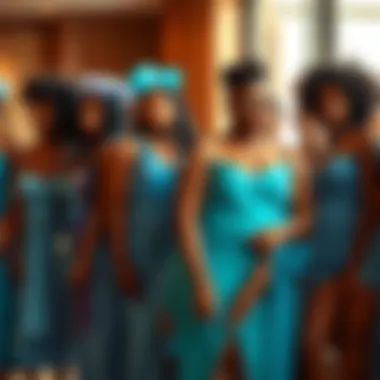 A group of diverse models wearing aqua blue dresses