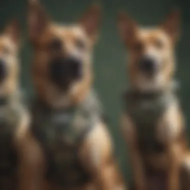 Different styles of camouflage dog harnesses on display