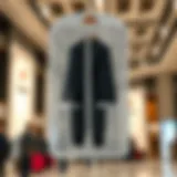 A clear garment bag showcasing its transparent design and pockets.