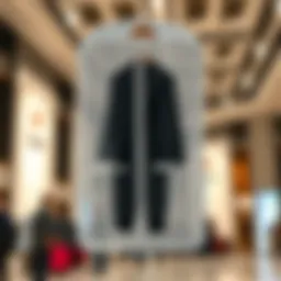 A clear garment bag showcasing its transparent design and pockets.