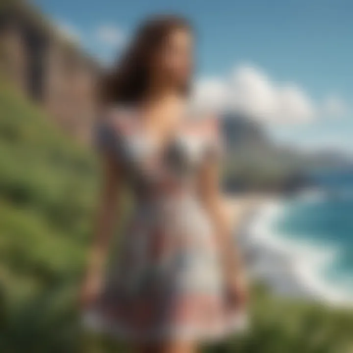 A scenic view of a Hawaiian landscape with casual dress showcased