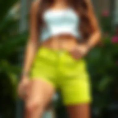 Sustainable fashion elements in lime green high waisted shorts