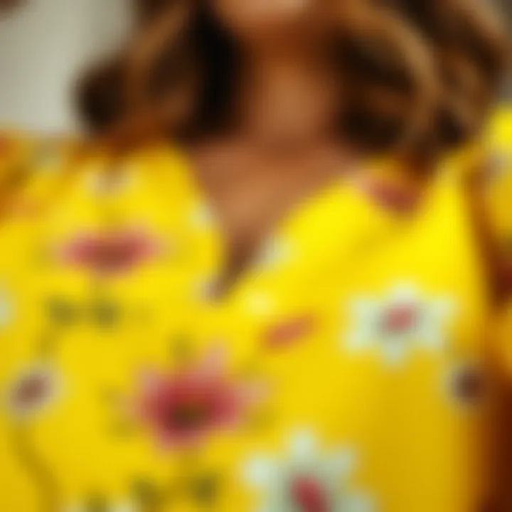 Close-up of floral patterns on vibrant yellow fabric