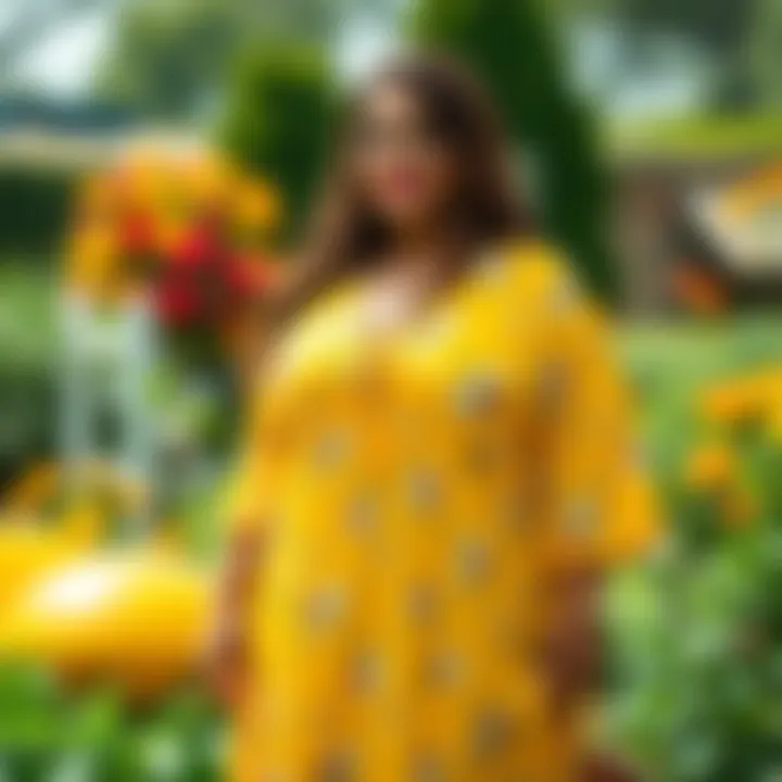 Stylish plus size woman showcasing a yellow floral dress in a sunny garden
