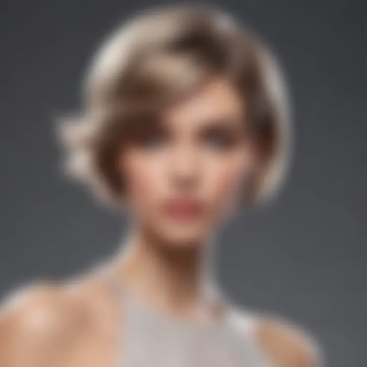 An elegant model wearing a chic short hairpiece, demonstrating a confident look.