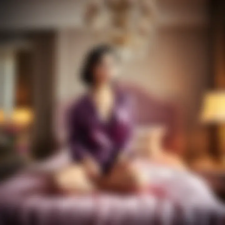 Elegant style of a purple satin pajama set showcased in a chic bedroom