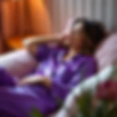 A person relaxing in purple satin pajamas, illustrating comfort and luxury