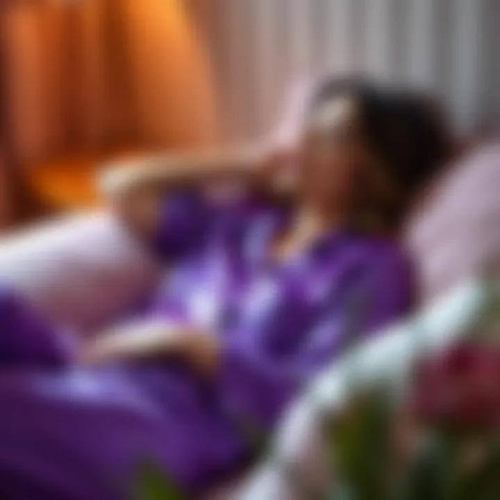 A person relaxing in purple satin pajamas, illustrating comfort and luxury
