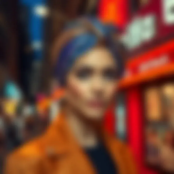 A model elegantly styled with a sequin turban in a vibrant urban setting