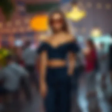 Model styled in a chic two-piece off-the-shoulder pants set at a social event