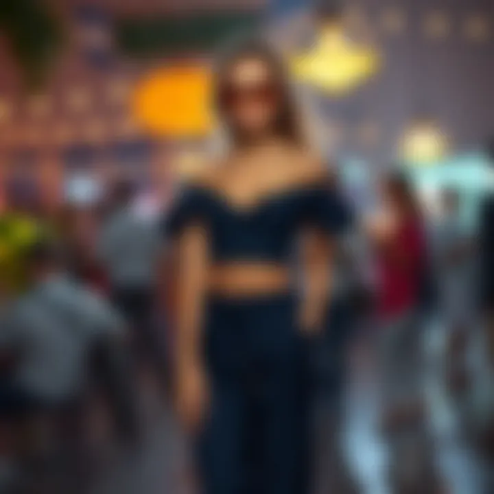 Model styled in a chic two-piece off-the-shoulder pants set at a social event