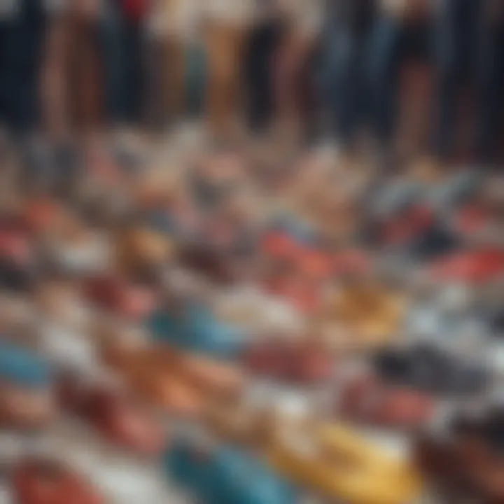 An illustration of a crowded marketplace showcasing diverse shoe styles