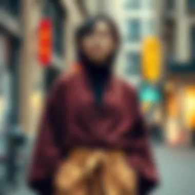 A fashionable individual showcasing a corduroy kimono in urban setting