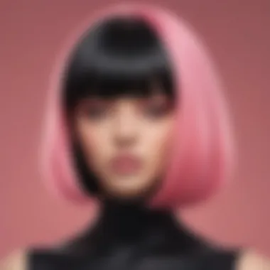 Close-up of the half pink half black wig showcasing its color blend.