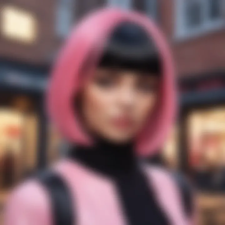 Model wearing the half pink half black wig in a vibrant urban setting.