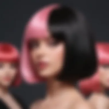 Diverse styling techniques applied to the half pink half black wig.