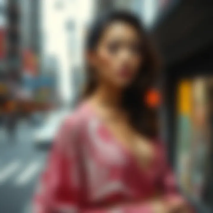 A model elegantly draped in a glitter kimono against an urban backdrop