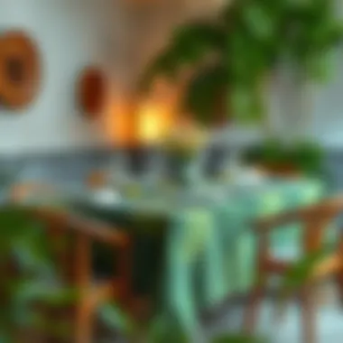 Casual dining setting featuring a green leaf tablecloth with natural decor