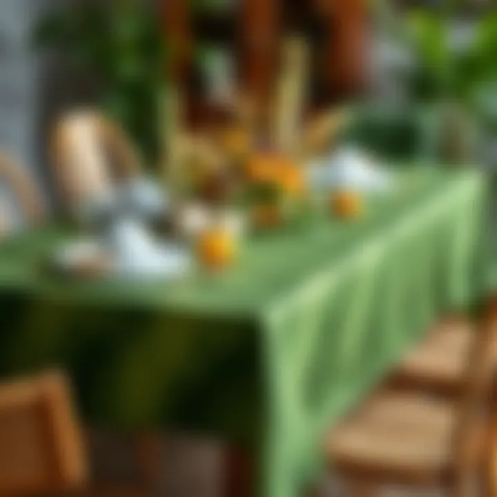 Stylish arrangement of a green leaf tablecloth with seasonal decor accents