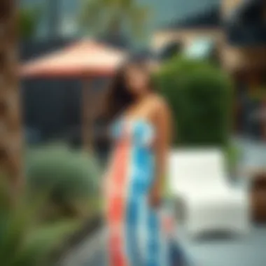 Stylish outdoor setting featuring a model in a tie dye maxi dress