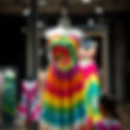 Vibrant tie dye strapless maxi dress displayed on a mannequin