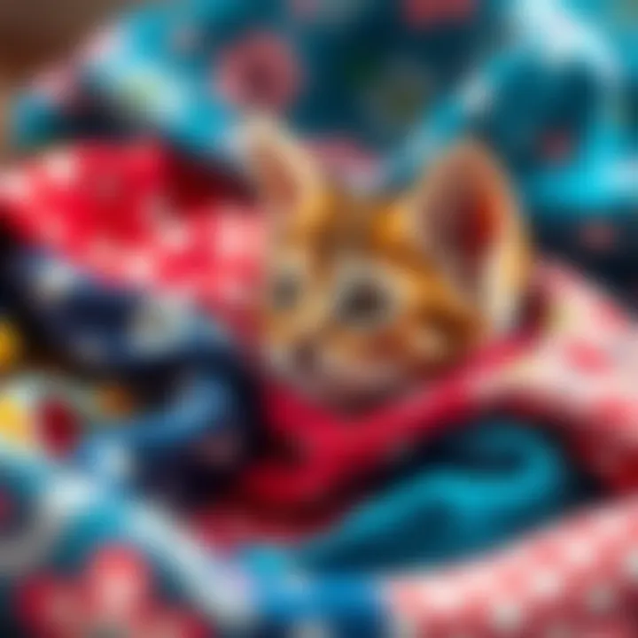 A vibrant assortment of fabrics used for kitten clothing.