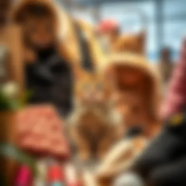 A diverse collection of kitten clothes on display in a boutique.